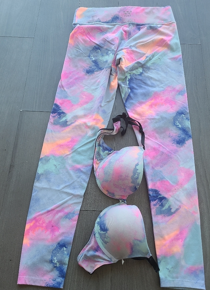 Victoria Secret PINK watercolor matching leggings size S & push up bra 36B